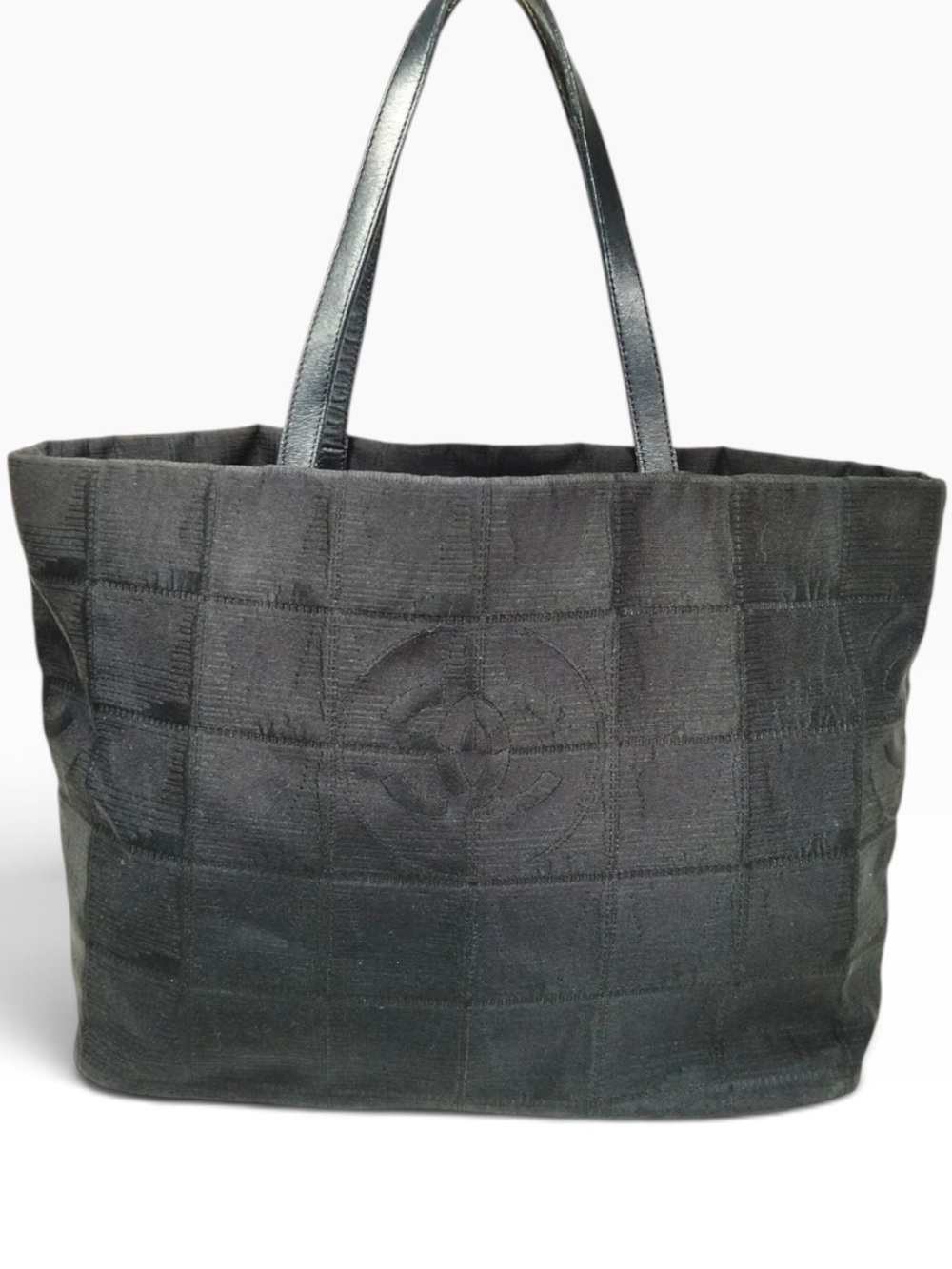 CHANEL Travel Line Black Jacquard Nylon Large Tote Bag CC Logo Vintage